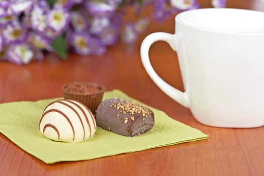 Coffee with chocolate candies