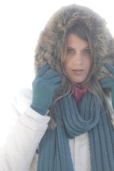 Winter fashion - woman on foggy day