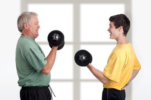 Father and son doing weight lifting