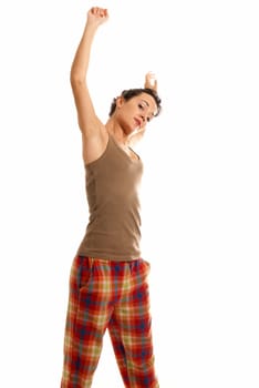 young woman be sleepy wearing pajamas isolated on white background