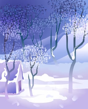 The beauty of hut in the snowy evening