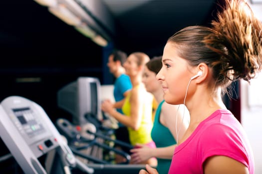 People running on treadmill in fitness stud