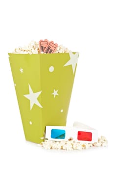 Popcorn bucket, two tickets and 3D glasses