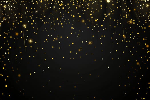 Golden glittering bokeh on black background with twinkling lights.