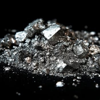 Close-up of shiny metal ore on black surface highlighting metallic texture.