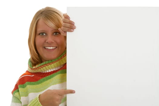 Young woman with white chalkboard