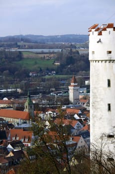 View of Ravensburg from the Veitsburg Castle: (from left to right) Tower of St. Jodok Church,"Painted Tower"" and Flour Sack (""White Tower"")"