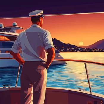 Male captain enjoying mediterranean sunset on yacht.