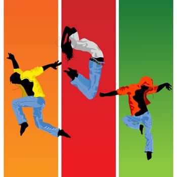 Active  people jumping, hand drawn silhouettes