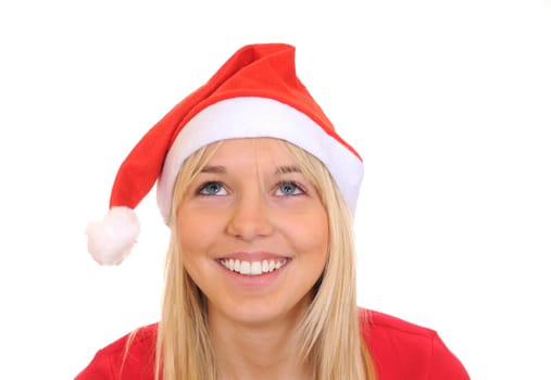 Laughing Santa woman looking up