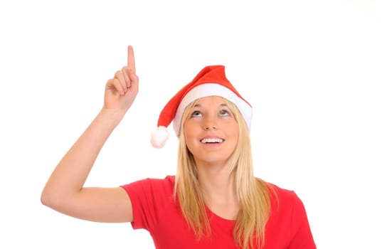 Santa woman points upwards