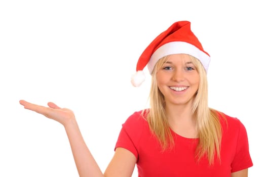 Santa woman shows her right hand