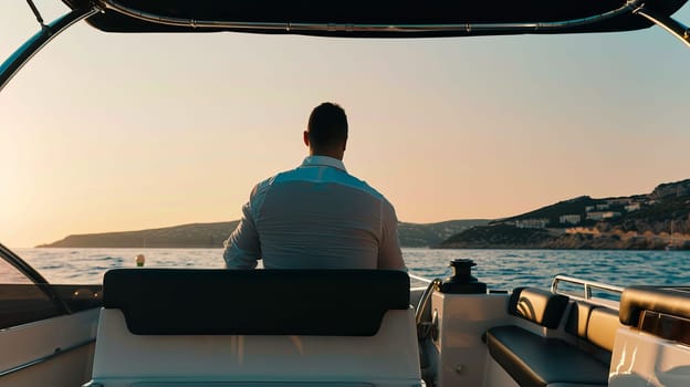 Caucasian male enjoying sunset on luxury boat ride in scenic ocean setting.
