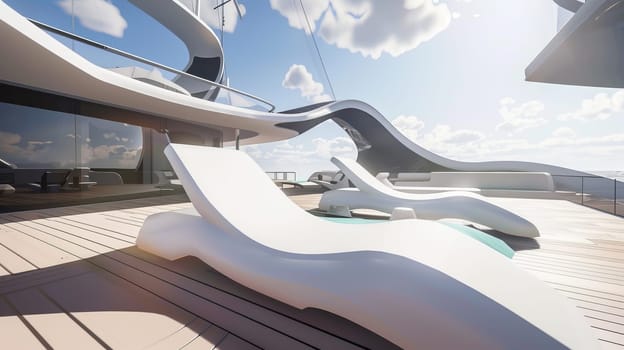 Futuristic luxury yacht deck with modern lounge chairs and ocean view.