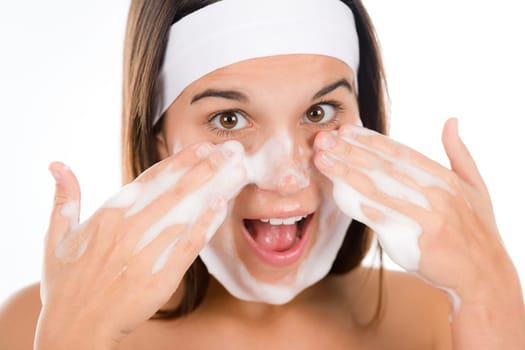 Teenager problem skin care - woman wash face