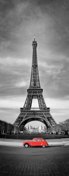 Eiffel Tower and old red car -Paris