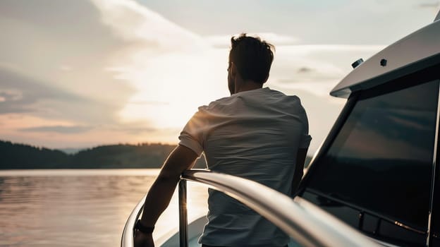Young caucasian male enjoying sunset view from yacht deck.