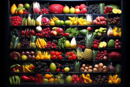 many different fruits lie on the shelves in the refrigerator. The refrigerator is full of only fruit. Shelves with various tropical and exotic fruits on a black background. High quality photo