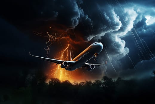 a storm warning. the plane is landing. Thunderstorm, storm and lightning in the night sky. plane crash in thunderstorm warning. Bad weather. High quality photo