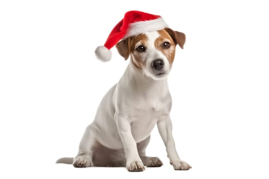 Russell terrier in a Santa Claus hat. Big dog in a red Santa hat. New year or Christmas Banner with dog and red new year hat copy space. Generative AI.