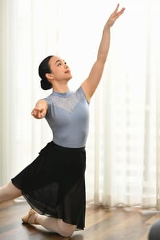 Dedicated young woman practicing ballet at home. Dance, art, education and flexibility concept.