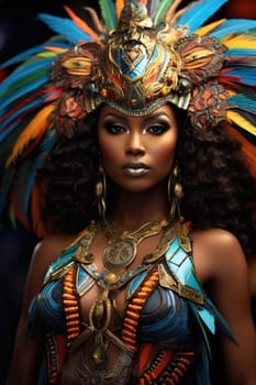 Beautiful black woman in black mysterious venetian mask. Carnival. AI Generated