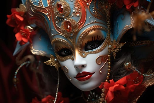 Beautiful woman in black mysterious venetian mask. Carnival. AI Generated