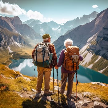 A traveling retired couple stands by a lake in the mountains. High quality photo