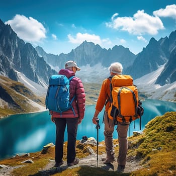 A traveling retired couple stands by a lake in the mountains. High quality photo