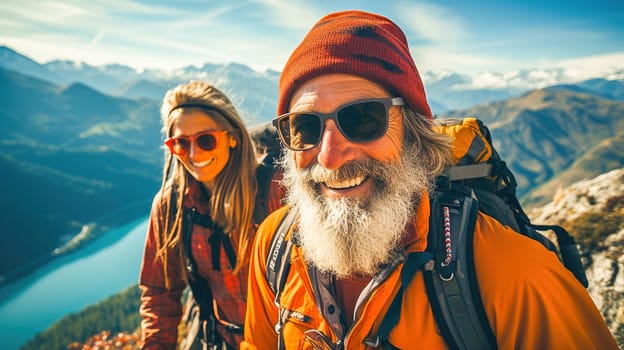 Portrait of a happy retired couple traveling in the mountains in autumn. High quality photo