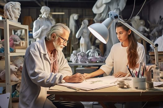 The sculptor and artist create a sketch of the statue in their workshop. High quality photo