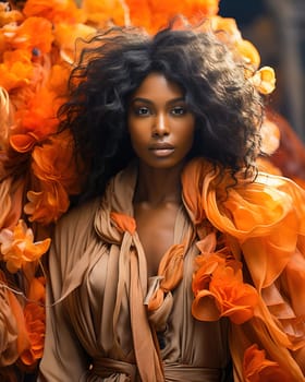 Beautiful, African-American woman in orange colors and clothes. High quality photo