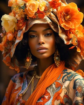 Beautiful, African-American woman in orange colors and clothes. High quality photo