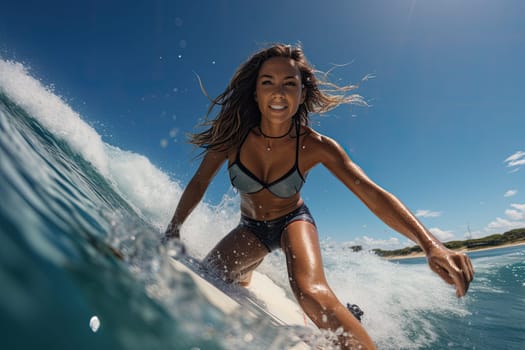 Surf woman on wave generate with Ai. High quality photo