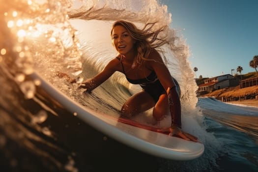 Surf woman on wave generate with Ai. High quality photo
