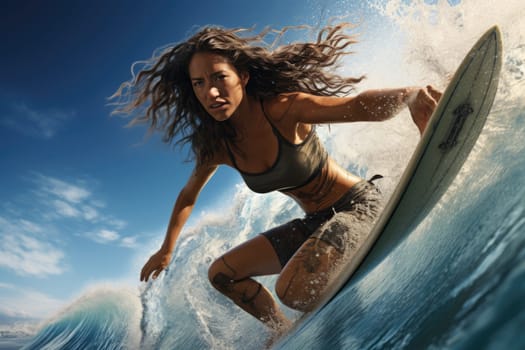 Surf woman on wave generate with Ai. High quality photo