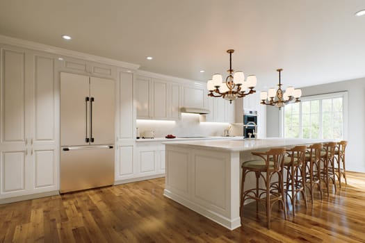 Traditional white kitchen with long island and wooden chairs with varnished wood flooring. Classic kitchen with large chandeliers and kitchen appliances. 3d rendering