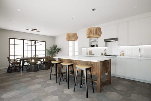 White kitchen with wood island and patterned wood fixtures, kitchen appliances and cookware. Stylish traditional kitchen with dining area. 3D rendering