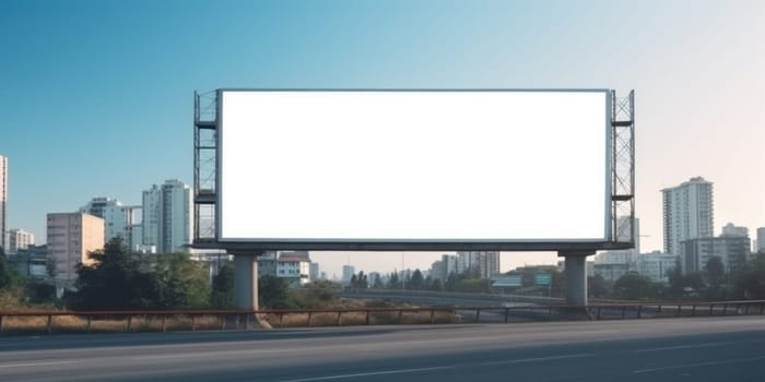 Empty white billboard signage advertising signs on the side of highway. Mockup advertisement concept. Generative ai.