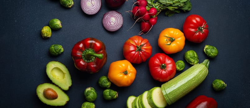 Selection of fresh various vegetables, cut zucchini, greenery on rustic dark background top view. Cooking vegetarian meal from healthy ingredients, diet food and nutrition concept