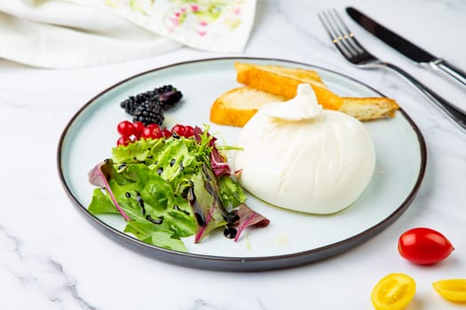 mozzarella with spinach, cherry tomatoes, wild berries and bread