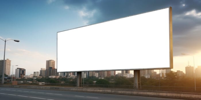 Empty white billboard signage advertising signs on the side of highway. Mockup advertisement concept. Generative ai.