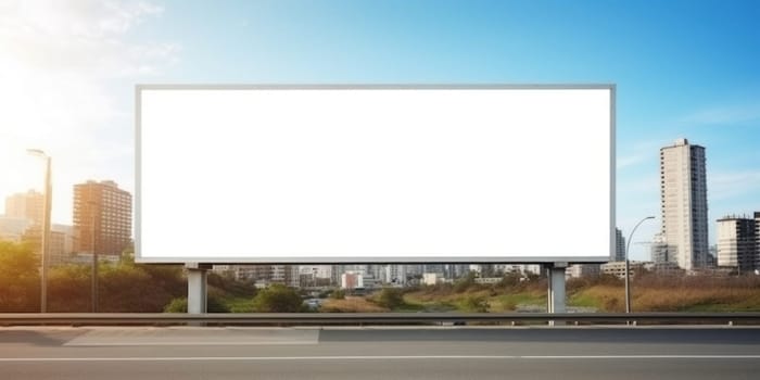 Empty white billboard signage advertising signs on the side of highway. Mockup advertisement concept. Generative ai.