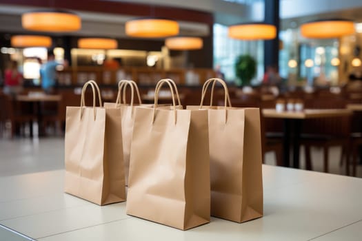 Paper bag on the desk with shopping mall background. black friday concept. Generative AI.