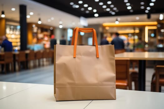 Paper bag on the desk with shopping mall background. black friday concept. Generative AI.