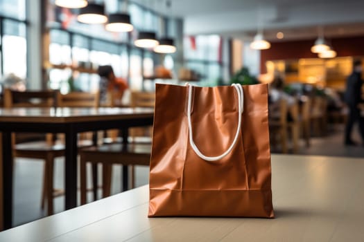 Paper bag on the desk with shopping mall background. black friday concept. Generative AI.