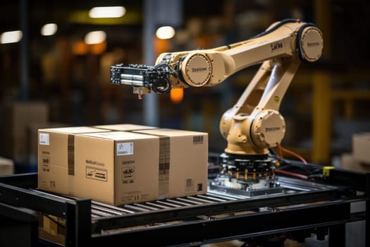 Robotic Arm in warehouse. logistic concept. Generative AI.