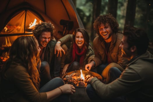 Young people with friends relaxing around campfire. Generative AI.