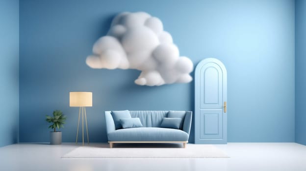 stand blue space room cloud object nobody weather dream stage pedestal minimal abstract door showcase copy cylinder yellow backdrop space isolated. Generative AI.