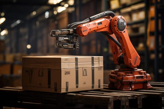 Robotic Arm in warehouse. logistic concept. Generative AI.